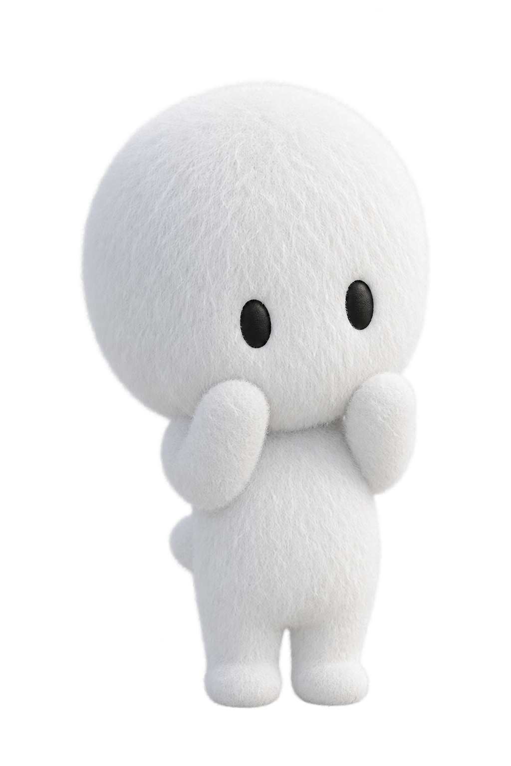 Cloudy, a small fuzzy white character with two black eyes